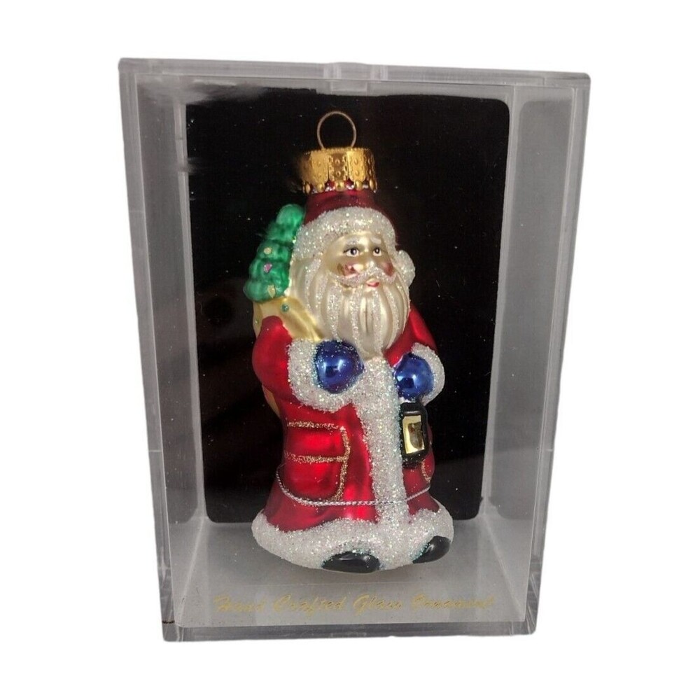 Glass Santa Christmas Ornament Hand Crafted Designer Studios Glitter Lantern